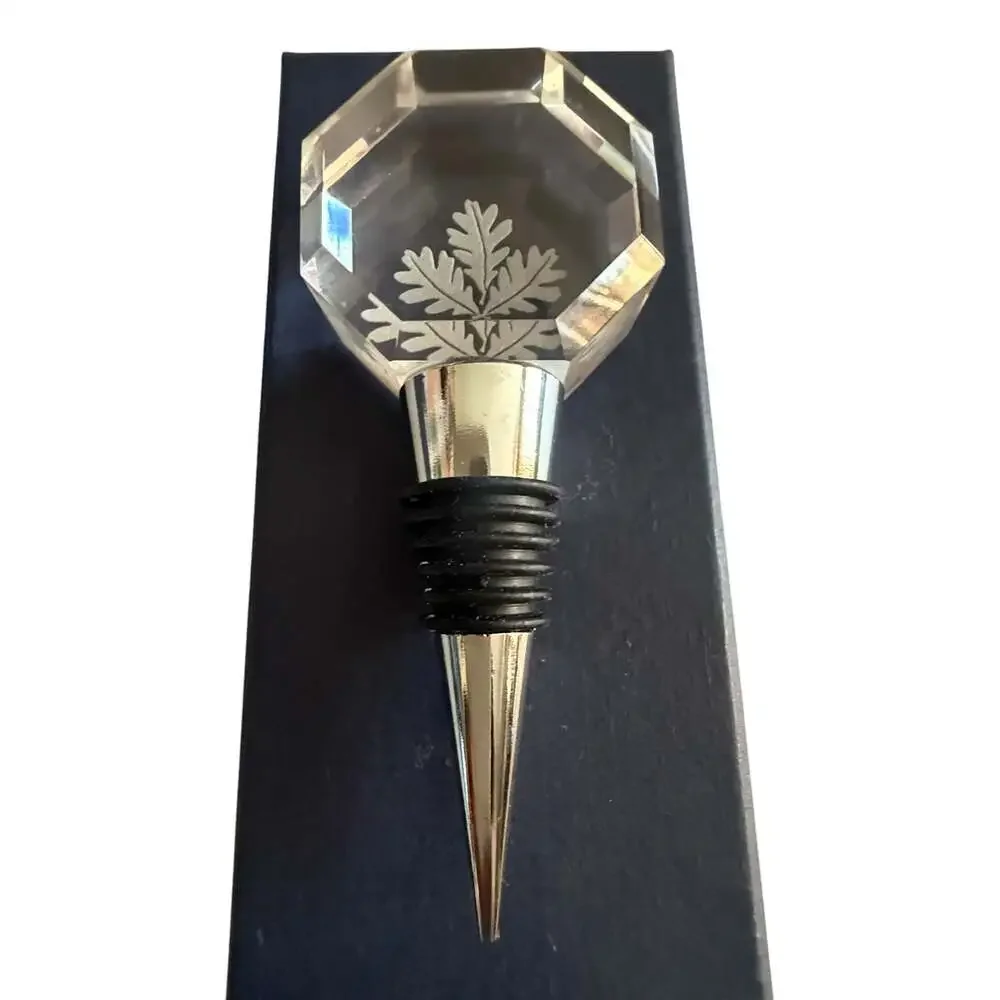 Octagonal Crystal Wine Bottle Stopper with Laser Etched Oak Leaf Design